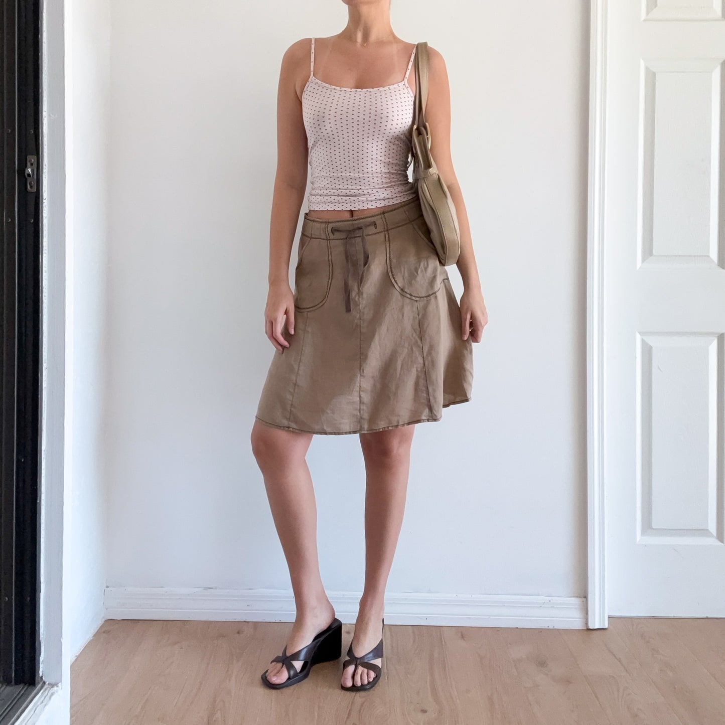 Y2K Light Brown Contrast Linen Midi Skirt / SZ S/M