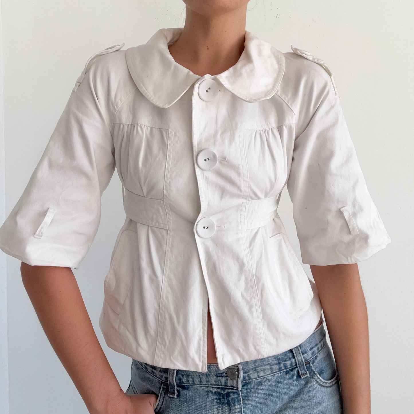 Y2K White Cotton Cropped Peacoat / SZ S