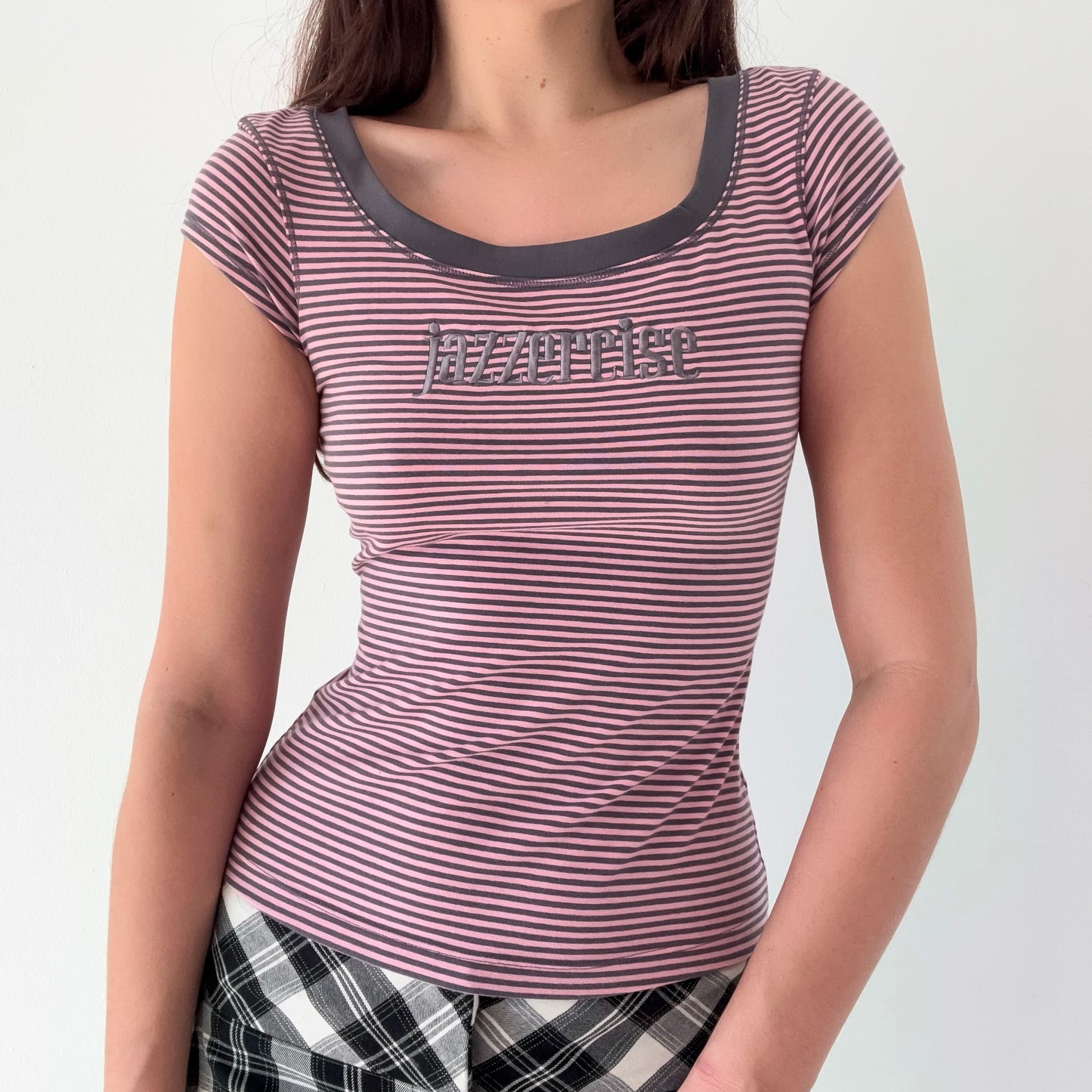 Y2K Jazzercise Pink & Grey Striped Tee / SZ S