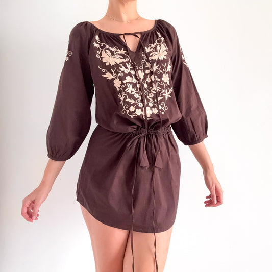 Y2K Brown Embroidered Peasant Dress / SZ S
