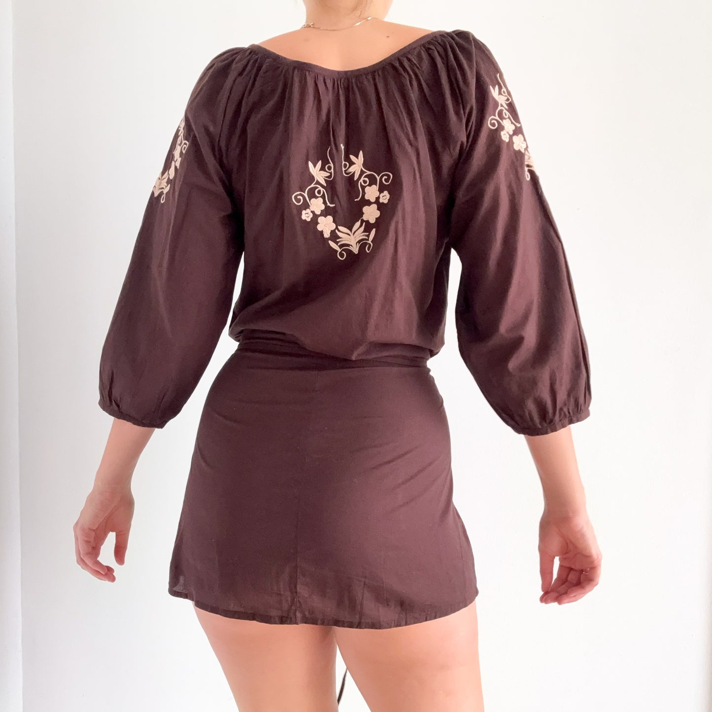 Y2K Brown Embroidered Peasant Dress / SZ S