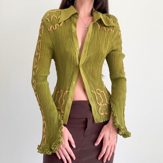 Y2K Olive Pleated Statement Blouse / SZ M/L