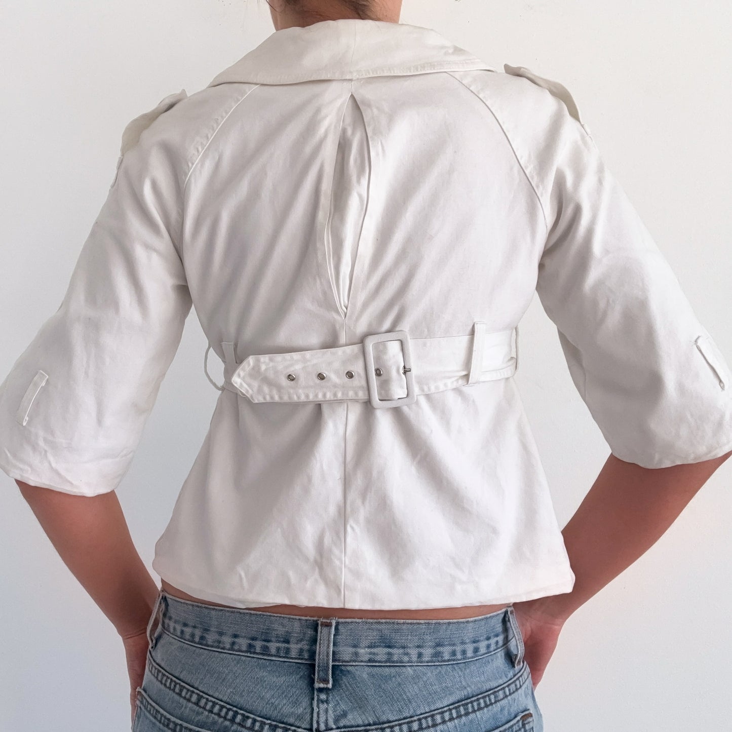 Y2K White Cotton Cropped Peacoat / SZ S