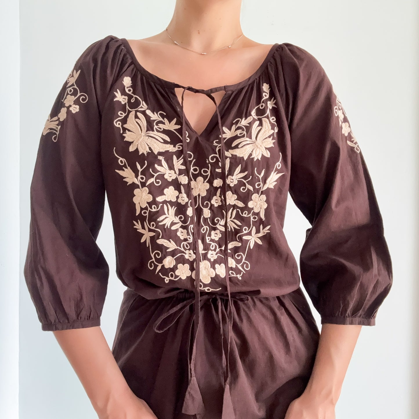 Y2K Brown Embroidered Peasant Dress / SZ S