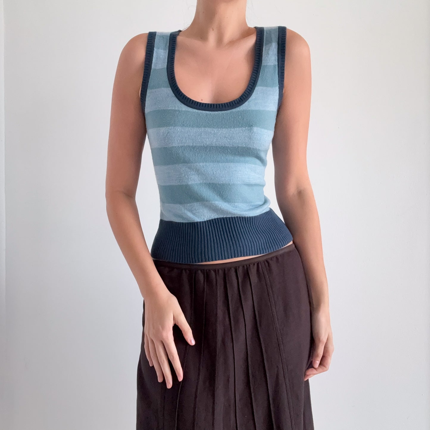 Y2K Blue Knit Striped Vest Top / SZ S