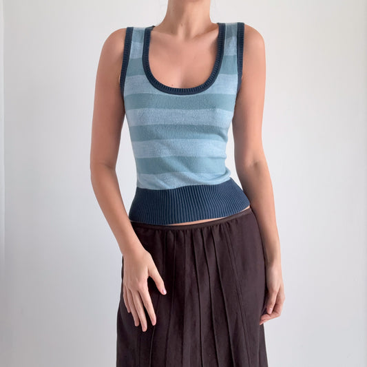 Y2K Blue Knit Striped Vest Top / SZ S