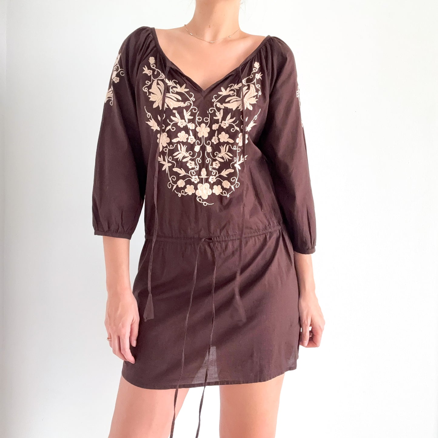 Y2K Brown Embroidered Peasant Dress / SZ S