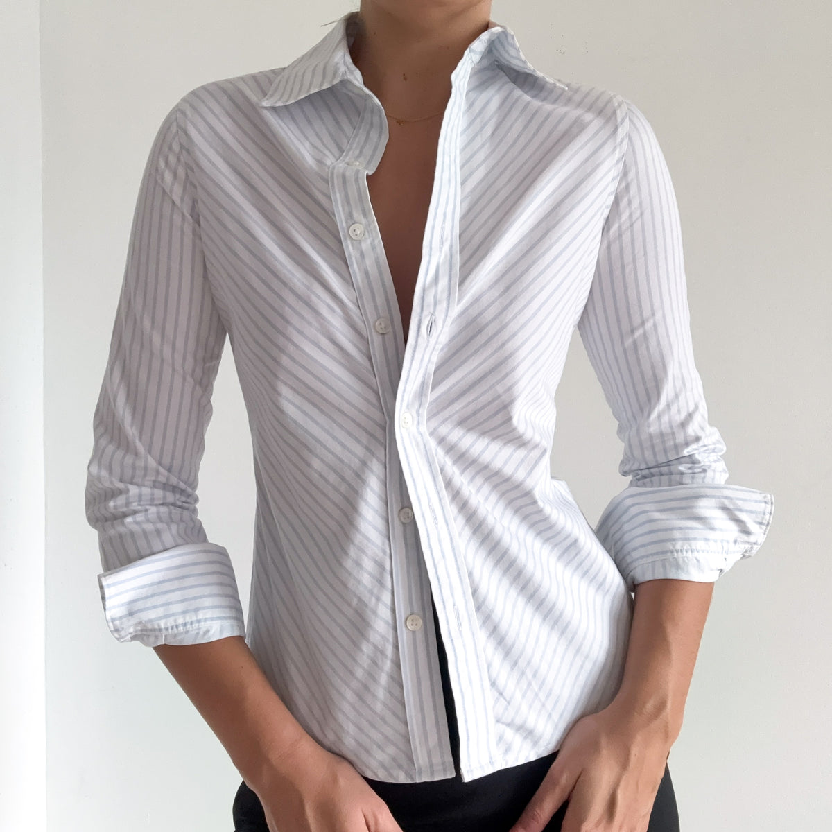 Y2K White & Blue Striped Cotton Blouse / SZ XS/S