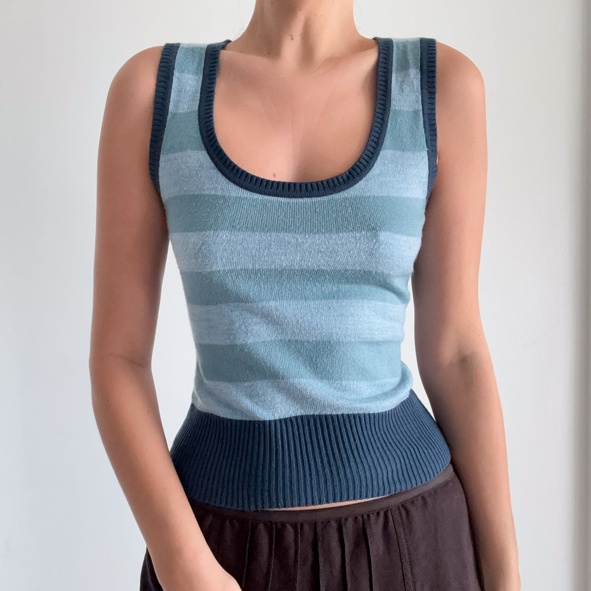 Y2K Blue Knit Striped Vest Top / SZ S