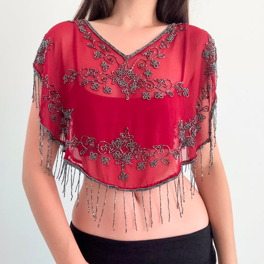 Y2K Burgundy Silk Beaded Fringe Poncho Top / One Size