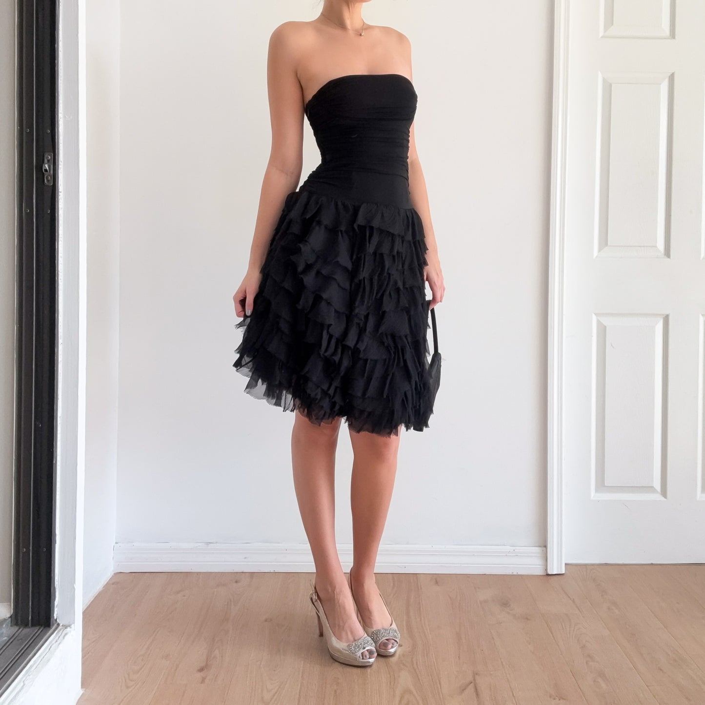 Y2K BCBGMaxAzria Black Silk Ruffle Dress / SZ XS-S