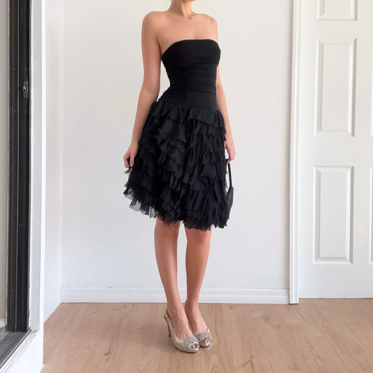 Y2K BCBGMaxAzria Black Silk Ruffle Dress / SZ XS-S