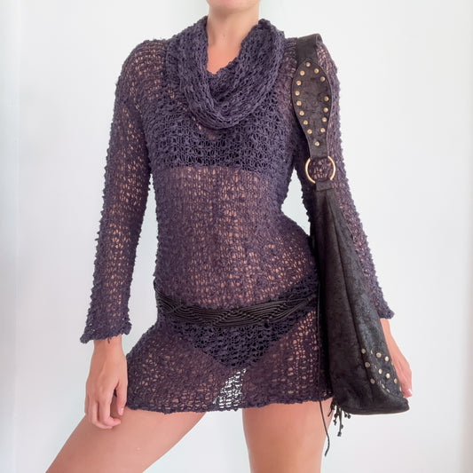 Y2K Purple Knitted Cowl Neck Mini Dress / One Size
