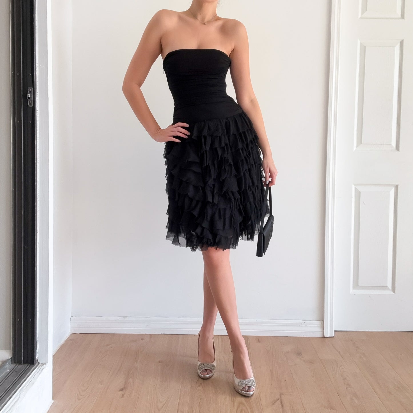 Y2K BCBGMaxAzria Black Silk Ruffle Dress / SZ XS-S