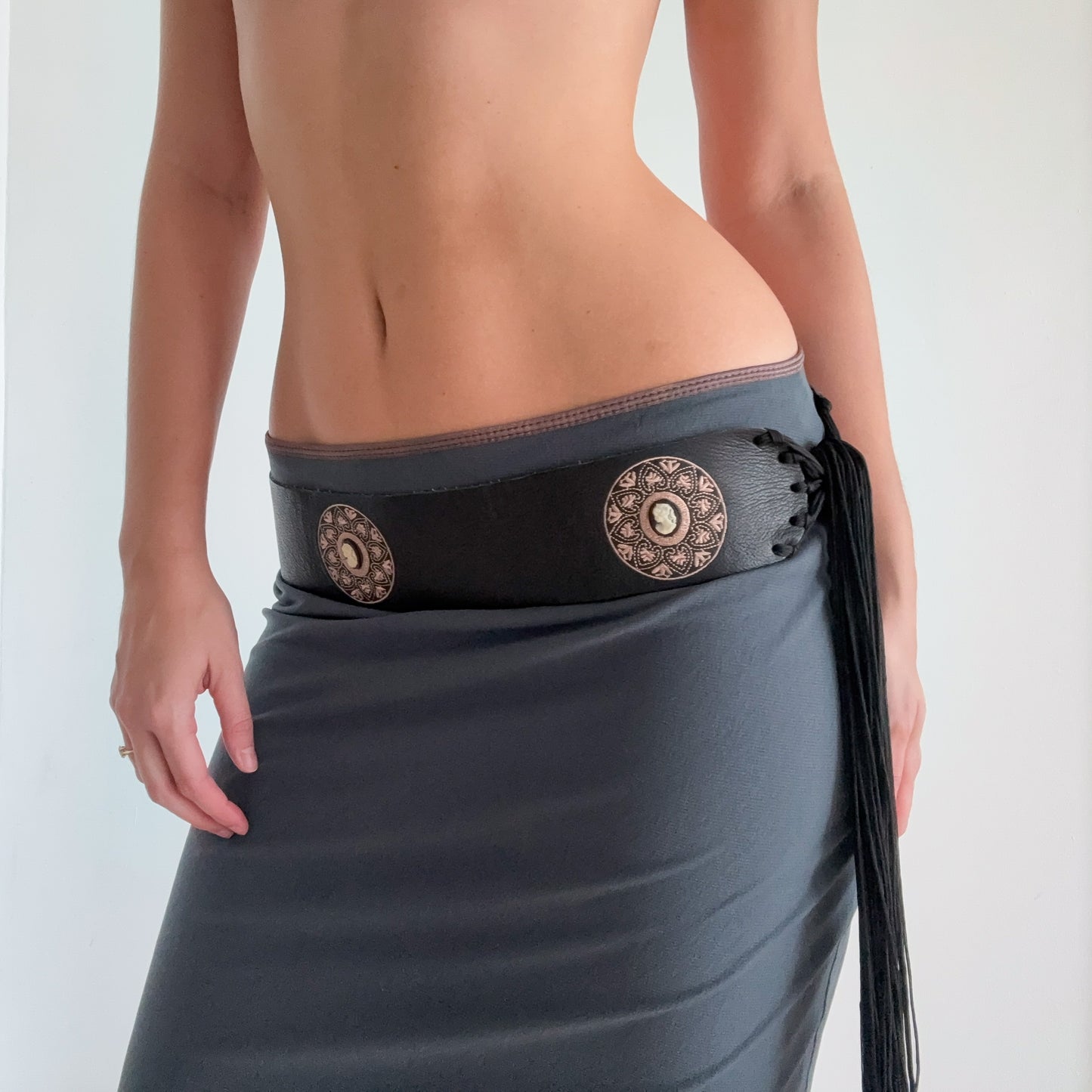 Y2K Black Leather Cameo Fringe Belt / SZ XL