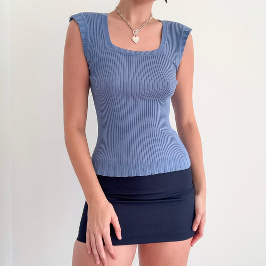 Y2K Periwinkle Ribbed Knit Flutter Top / SZ S/M