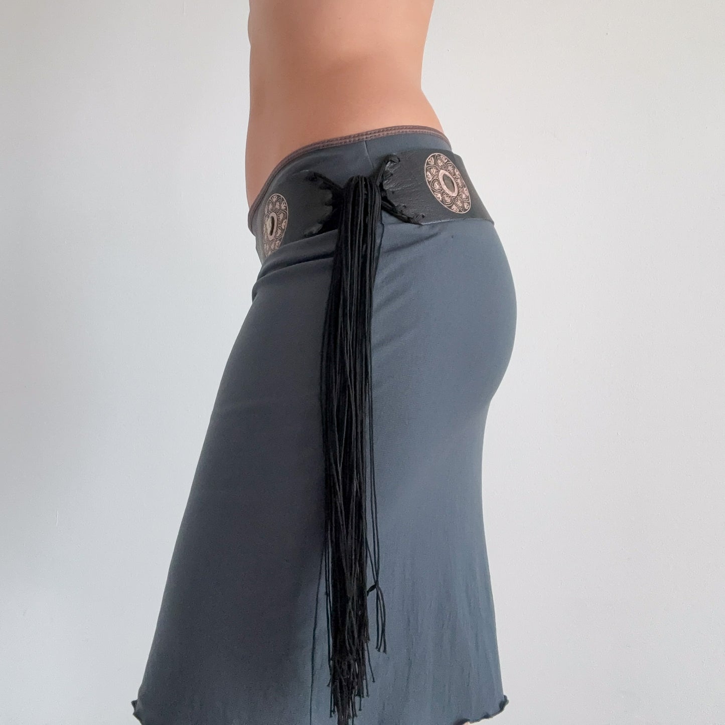 Y2K Black Leather Cameo Fringe Belt / SZ XL