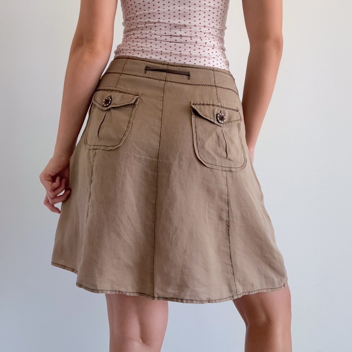 Y2K Light Brown Contrast Linen Midi Skirt / SZ S/M