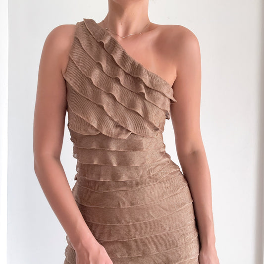 Y2K Light Brown Ruffle One Shoulder Dress / SZ S