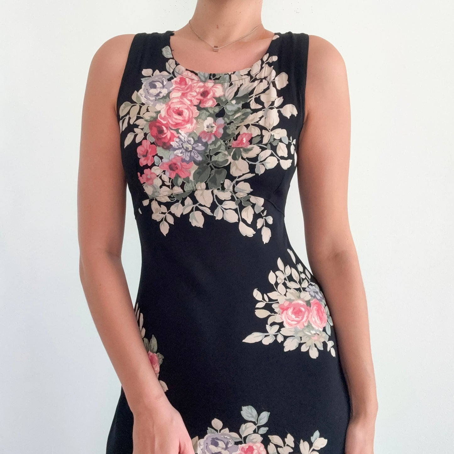 90's Black Floral Rayon Midi Dress / SZ S