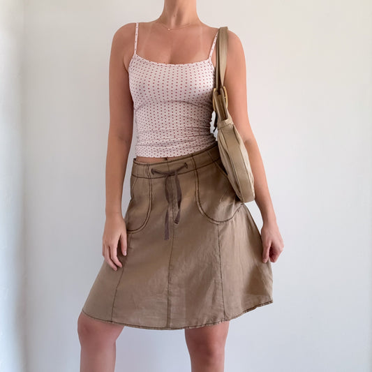 Y2K Light Brown Contrast Linen Midi Skirt / SZ S/M