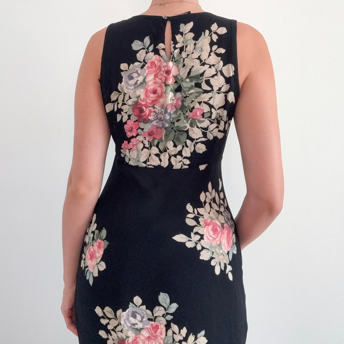 90's Black Floral Rayon Midi Dress / SZ S