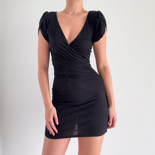 Y2K Black Rayon Ruched Mini Dress / SZ S