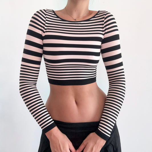 Y2K Bebe Black & Baby Pink Striped Top / SZ S