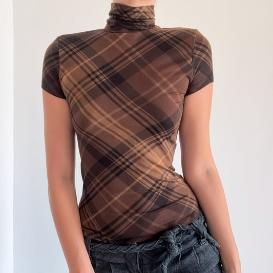 Y2K Brown Plaid Short Sleeve Turtleneck / SZ XS-S