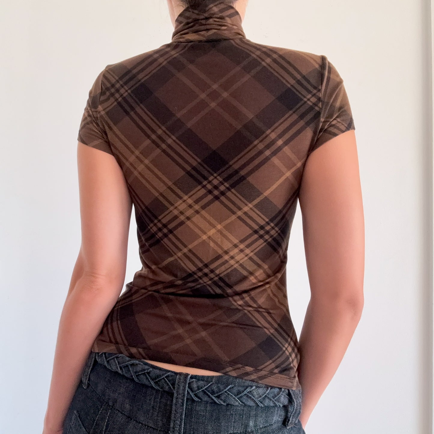 Y2K Brown Plaid Short Sleeve Turtleneck / SZ XS-S