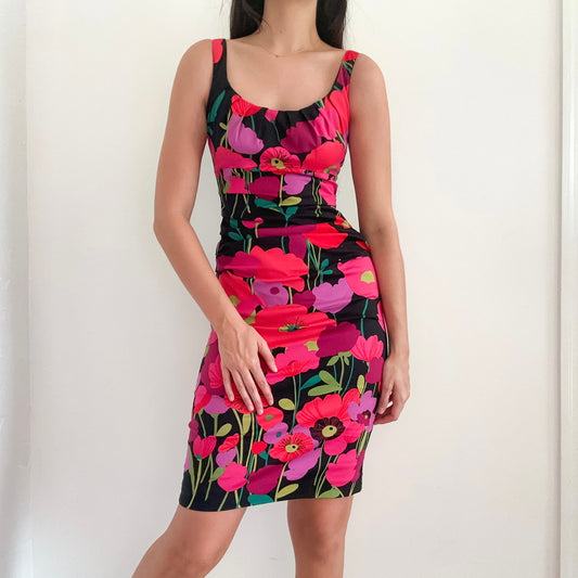 Y2K Black & Pink Floral Cotton Midi Dress / SZ 4