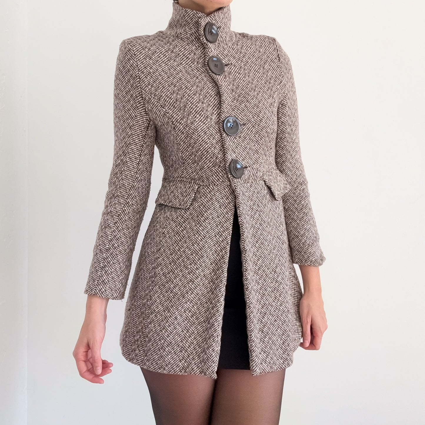 Y2K Brown Houndstooth Tweed Coat / SZ S