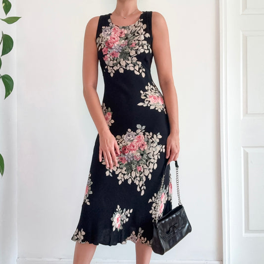 90's Black Floral Rayon Midi Dress / SZ S