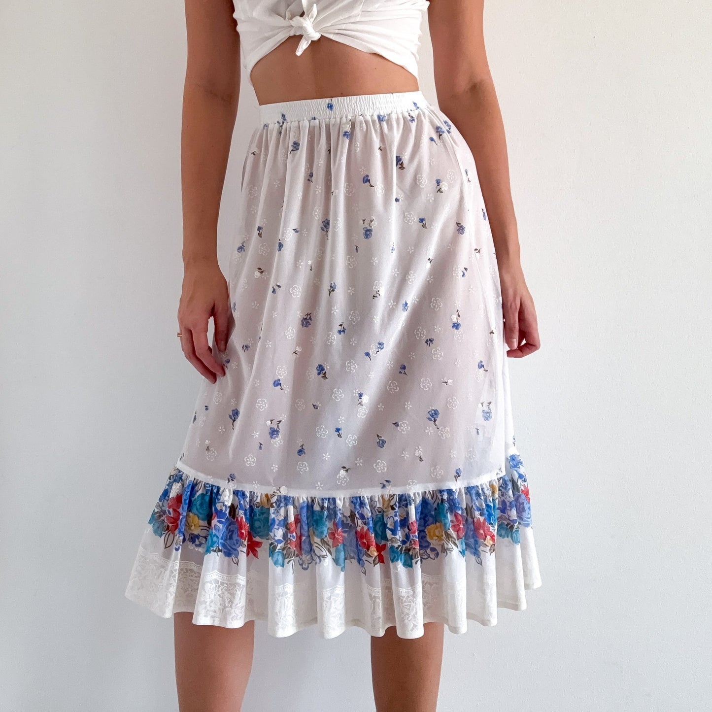 70's White & Blue Floral Skirt / SZ XS-S