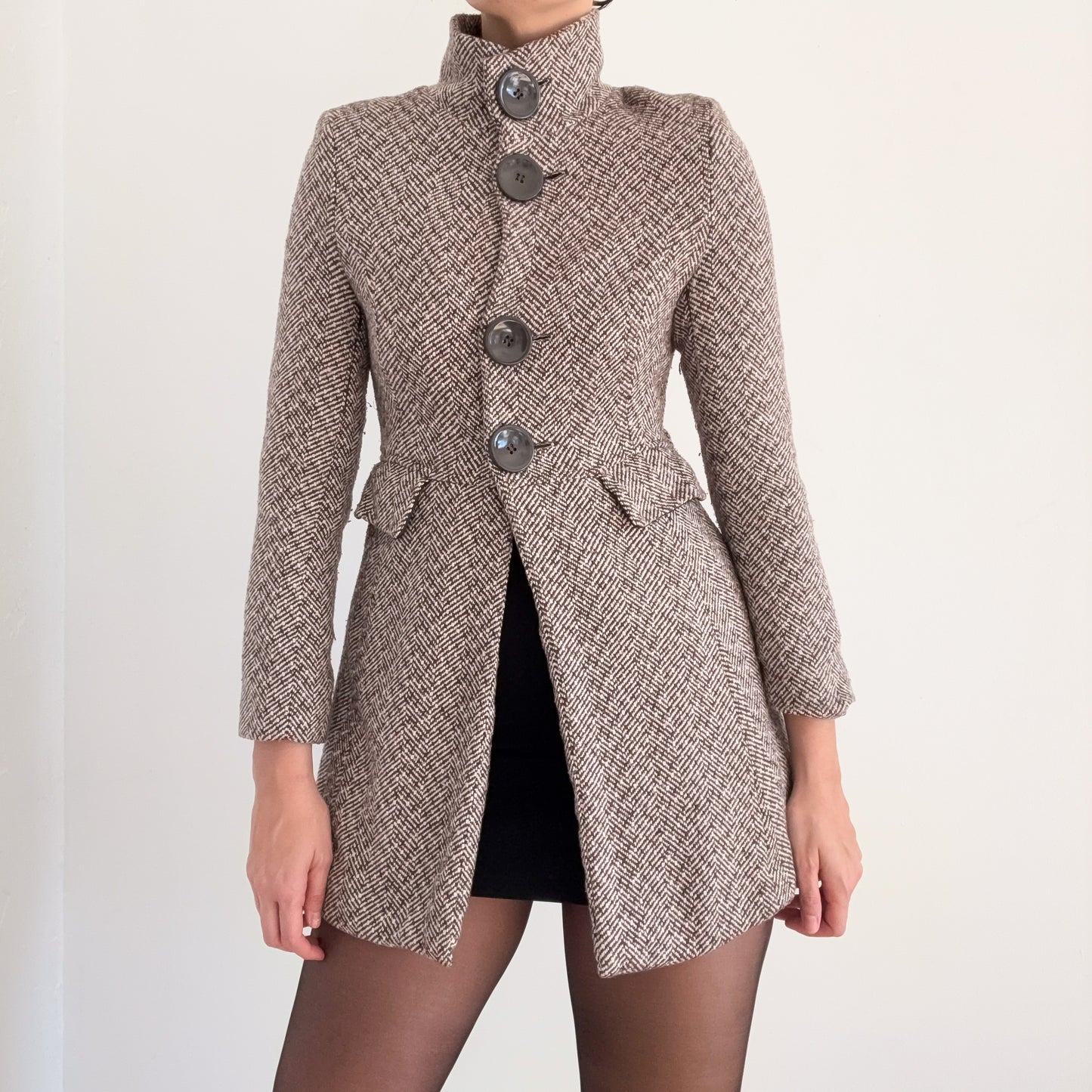 Y2K Brown Houndstooth Tweed Coat / SZ S