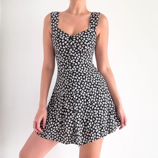 90's Black & White Floral Rayon Mini Dress / SZ 2/4