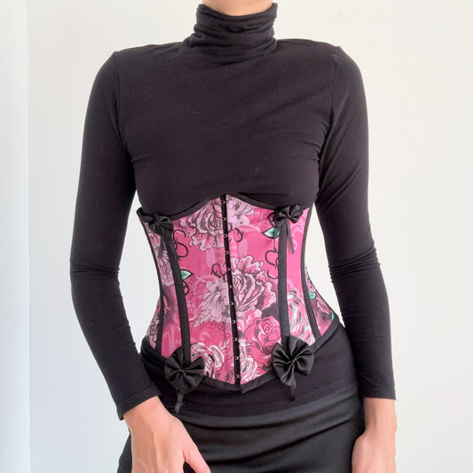 Y2K Pink Printed Bow Underbust Corset / SZ M