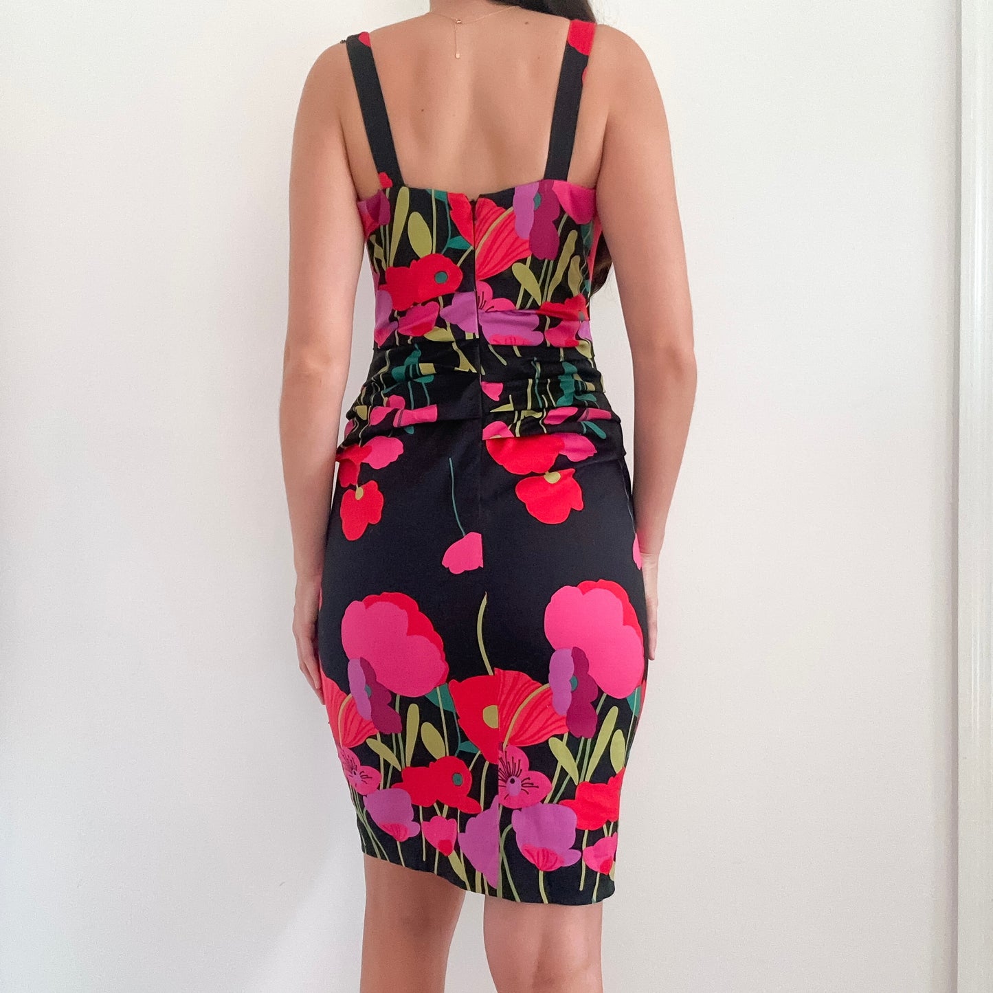 Y2K Black & Pink Floral Cotton Midi Dress / SZ 4