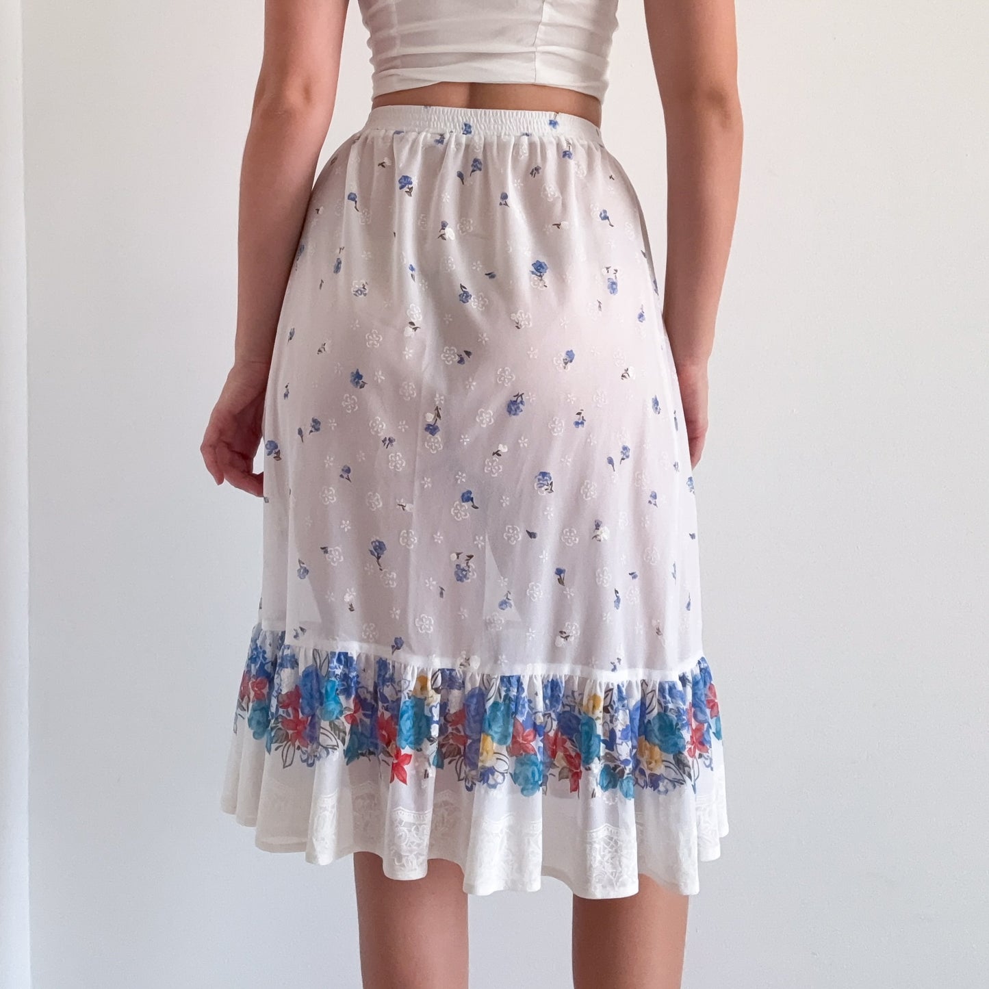 70's White & Blue Floral Skirt / SZ XS-S