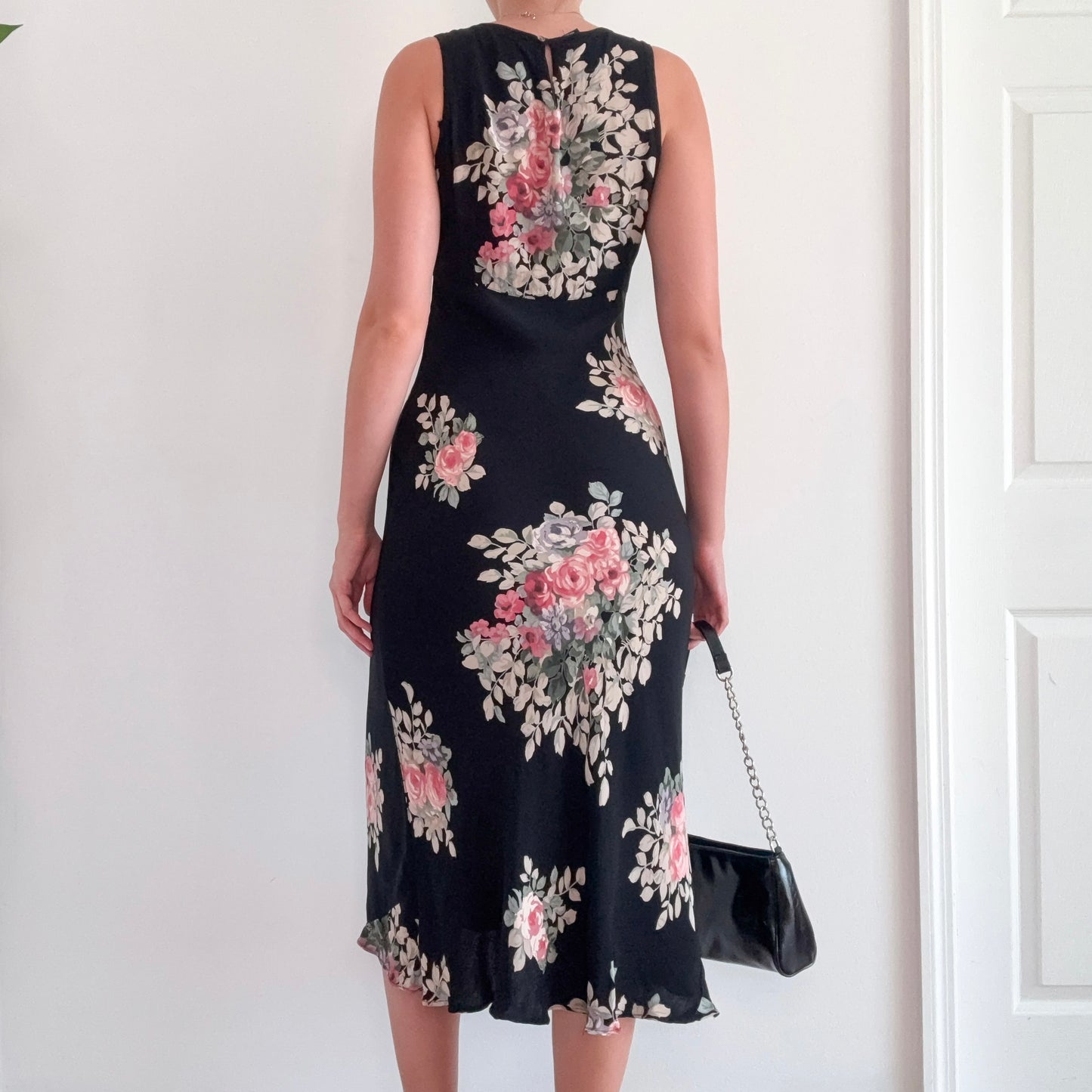 90's Black Floral Rayon Midi Dress / SZ S