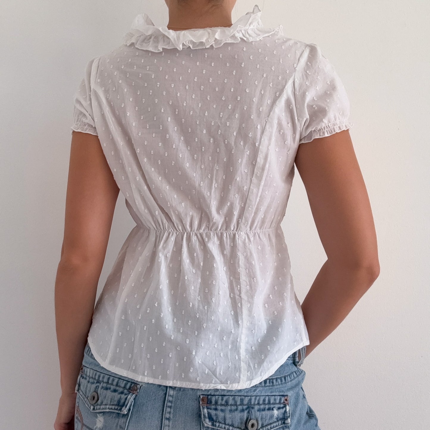 Y2K White Cotton Dot Ruffle Blouse / SZ M
