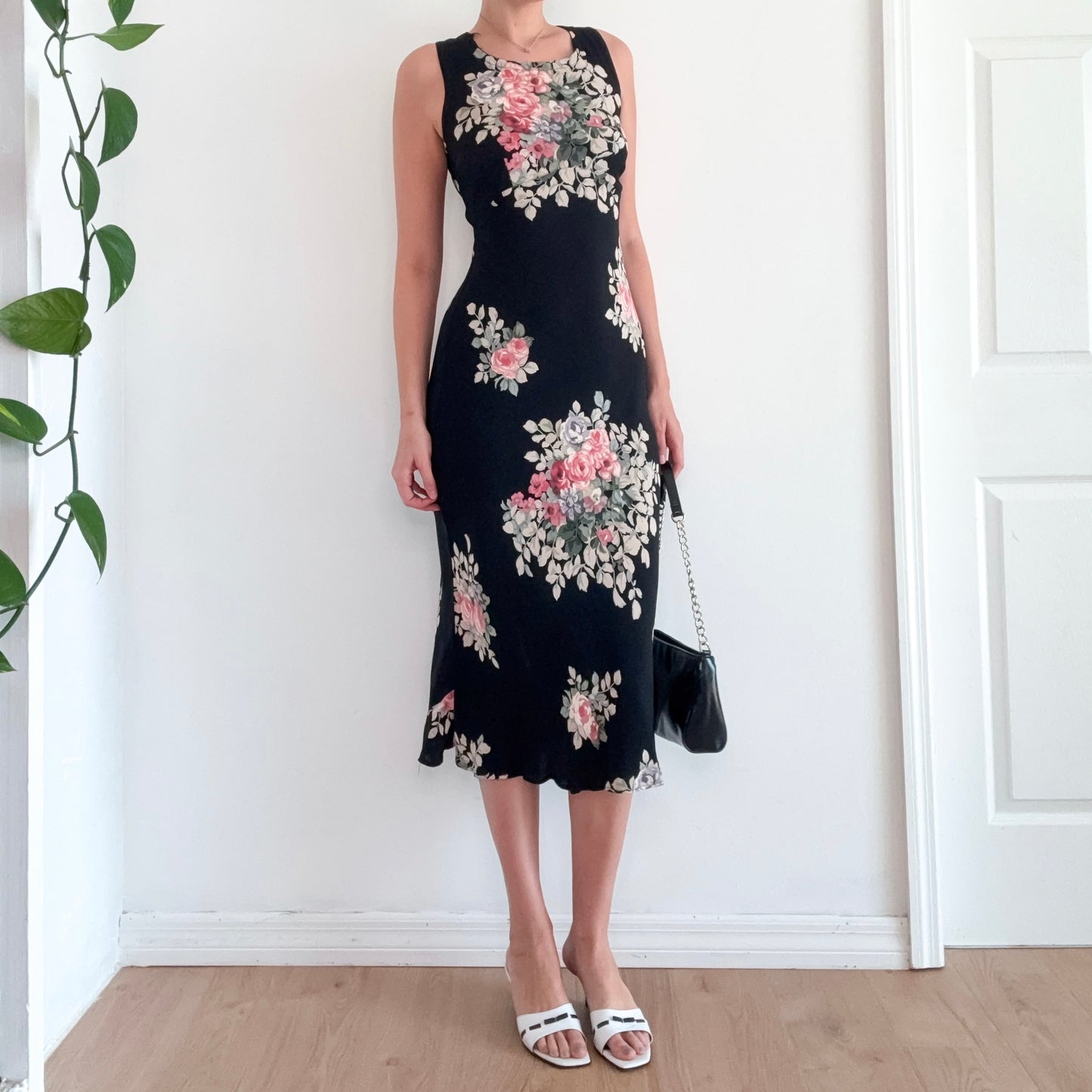 90's Black Floral Rayon Midi Dress / SZ S