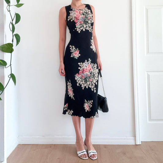 90's Black Floral Rayon Midi Dress / SZ S
