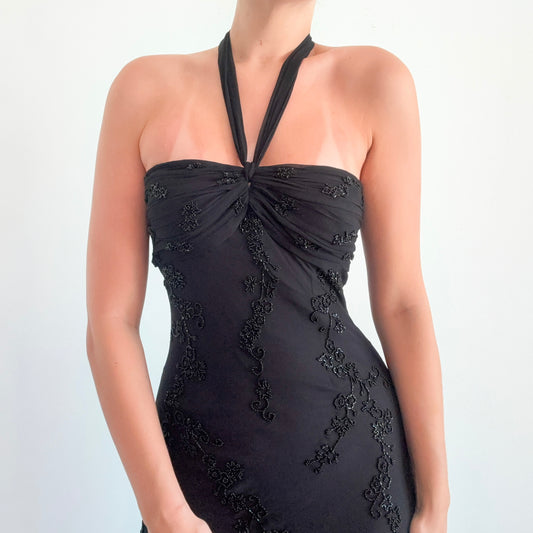Y2K Black Silk Beaded Halter Gown / SZ M