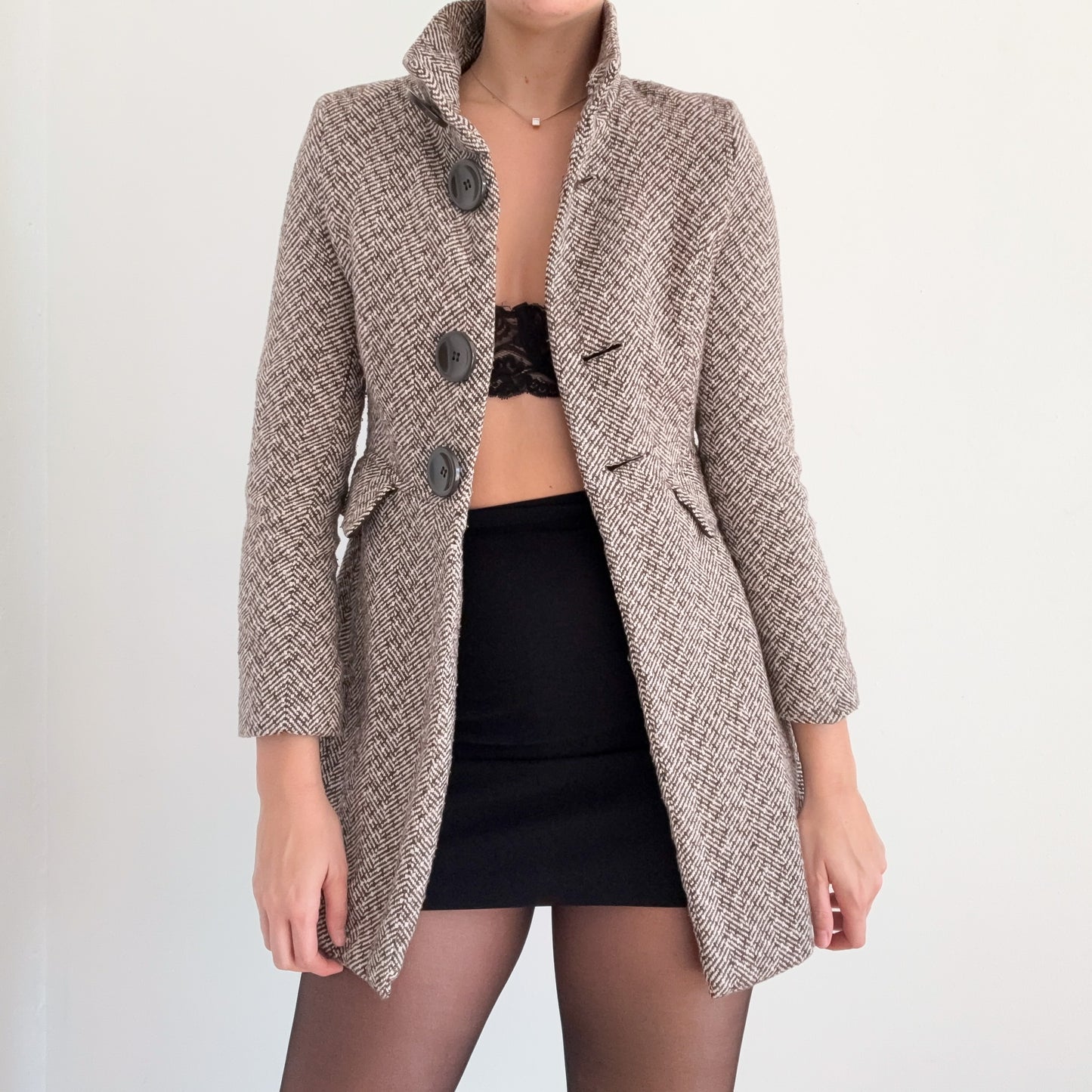 Y2K Brown Houndstooth Tweed Coat / SZ S