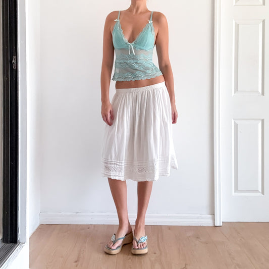 Y2K White Cotton Eyelet Midi Skirt / SZ M