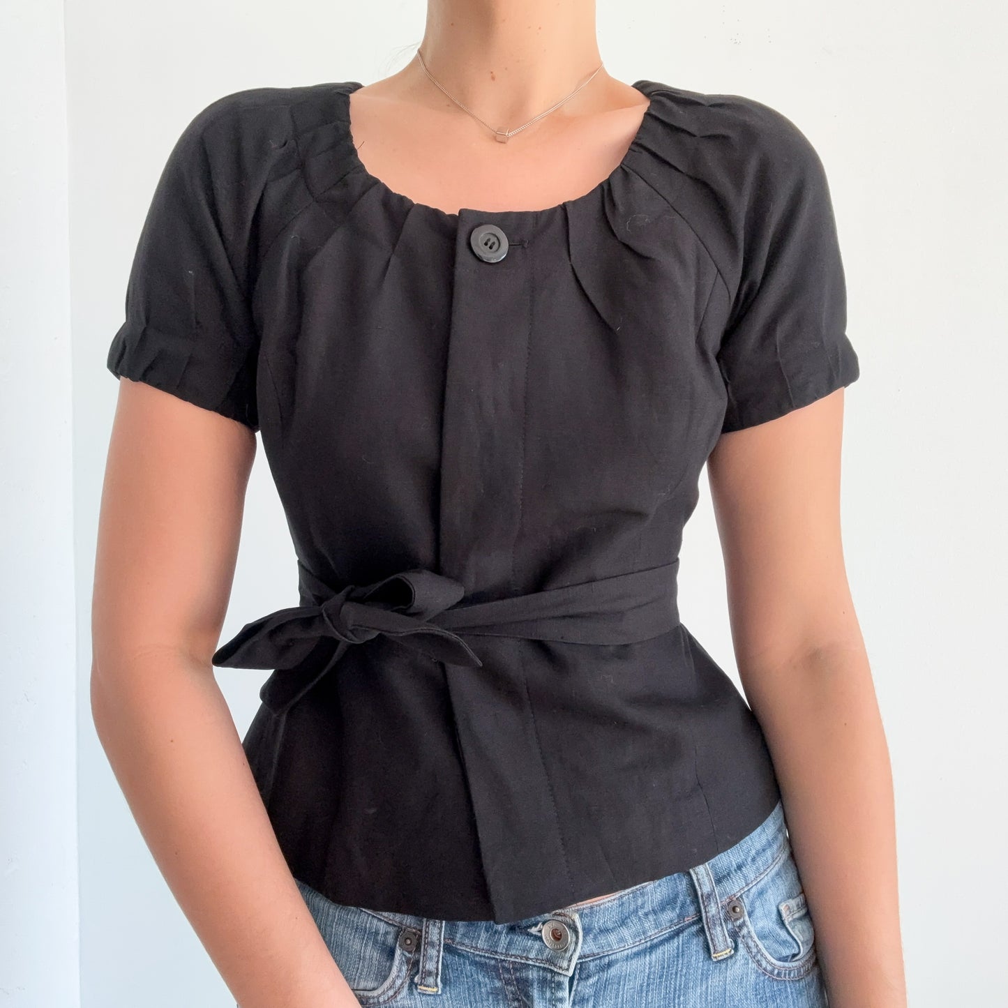 Y2K Black Linen Short Sleeve Jacket / SZ 2