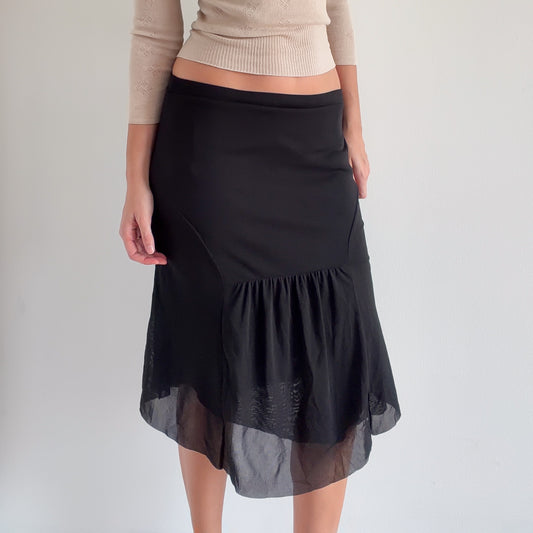 Y2K Black Mesh Ruched Midi Skirt / SZ S-M
