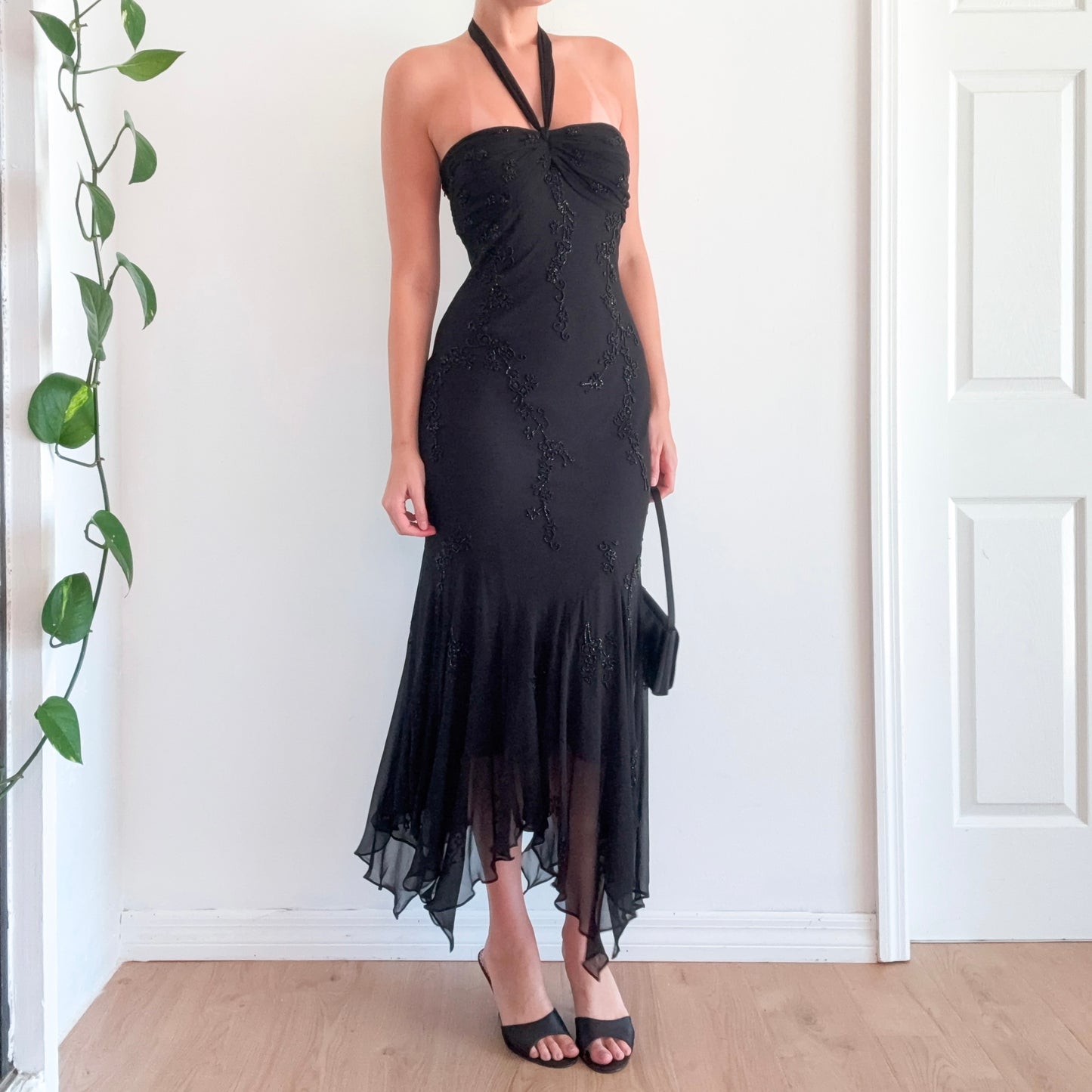 Y2K Black Silk Beaded Halter Gown / SZ M