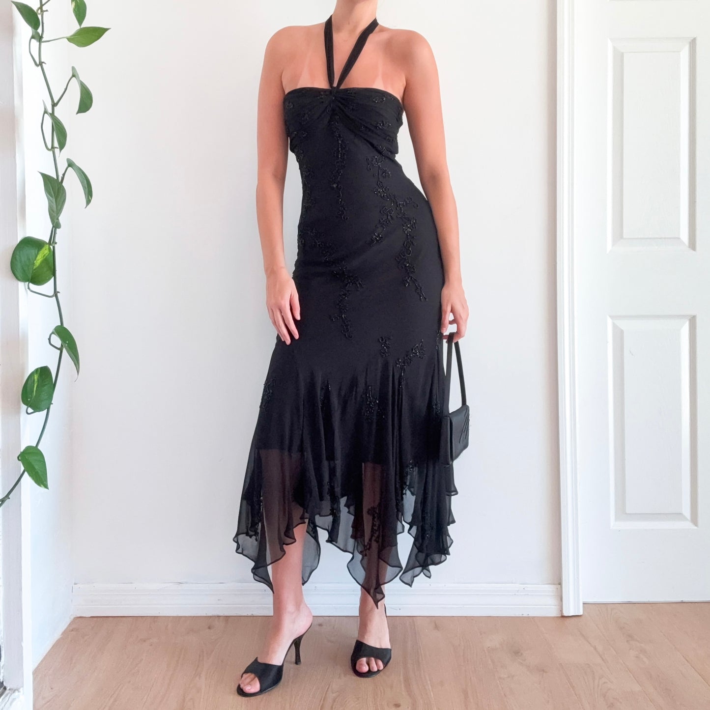 Y2K Black Silk Beaded Halter Gown / SZ M
